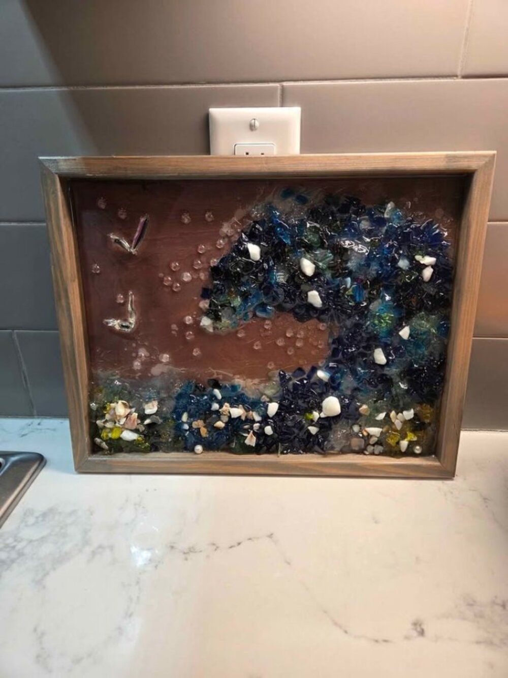 Handmade glass art framed coastal piece